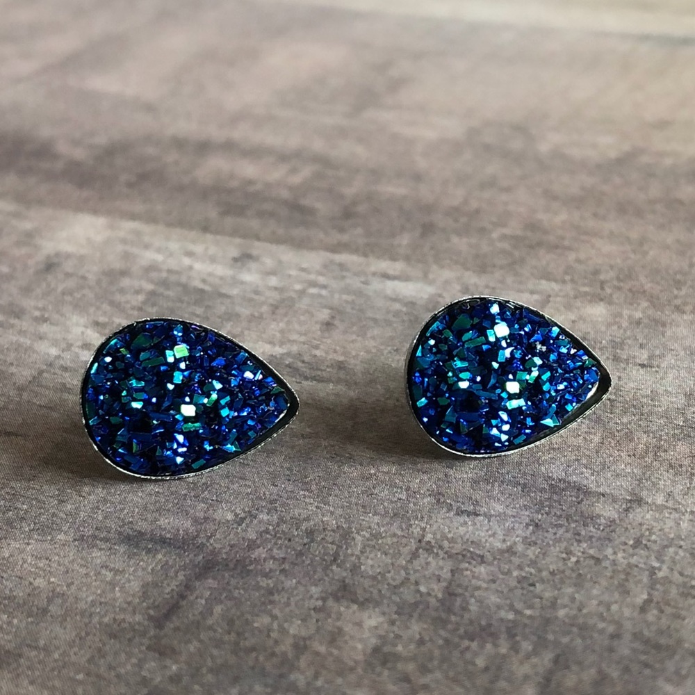 Blueberry Faux Druzy Teardrop Stainless Earrings - Picture 4 of 14